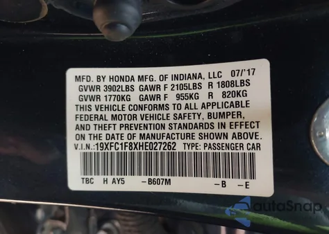 2017 Honda Civic Ex-L из США, поврежденный, VIN 19XFC1F8XHE027262